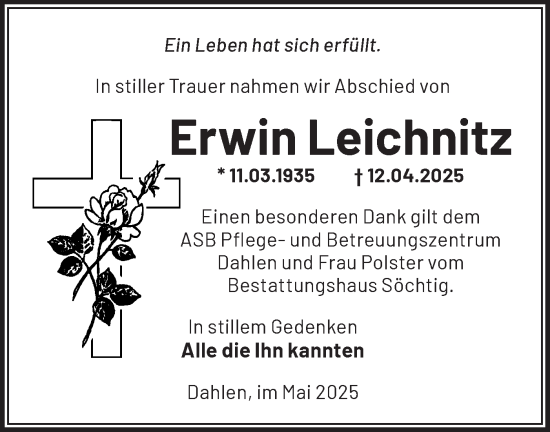 Traueranzeige von Erwin Leichnitz von Märkische Oderzeitung