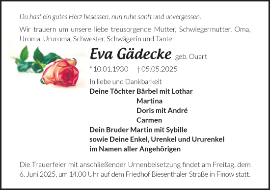 Traueranzeige von Eva Gädecke von Märkische Oderzeitung