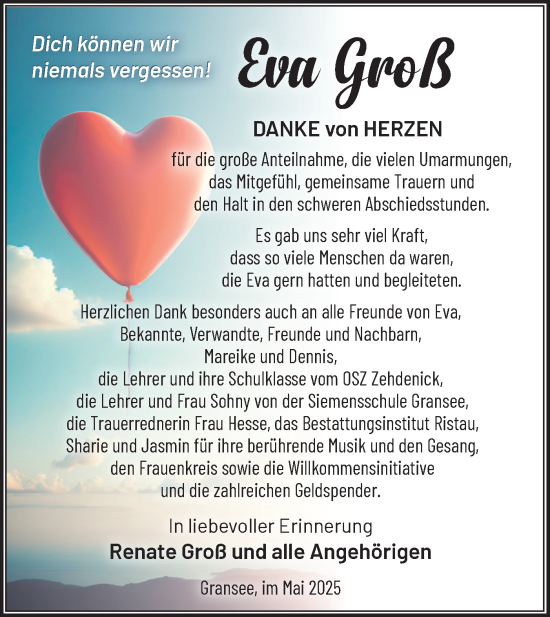 Traueranzeige von Eva Groß von Märkische Oderzeitung