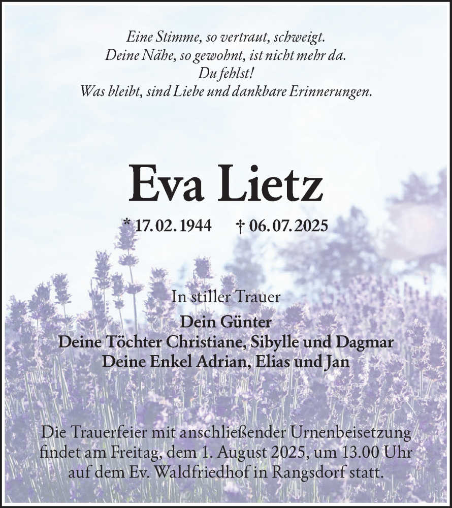  Traueranzeige für Eva Lietz vom 12.07.2025 aus Märkische Oderzeitung