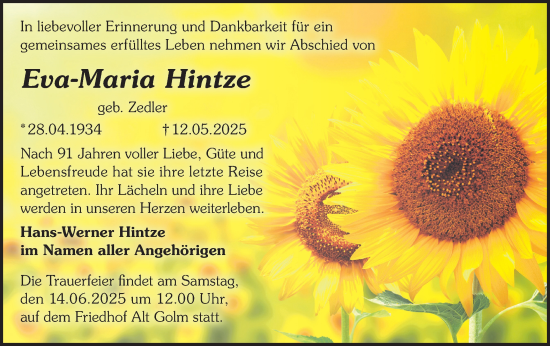 Traueranzeige von Eva-Maria Hintze von Märkische Oderzeitung