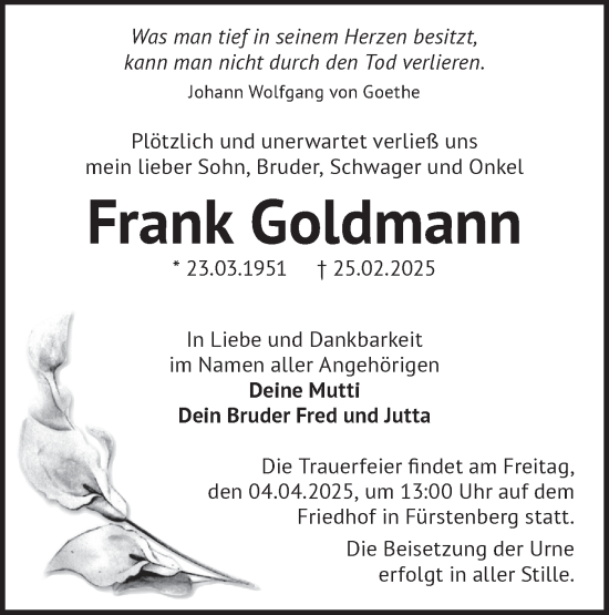 Traueranzeige von Frank Goldmann von Märkische Oderzeitung