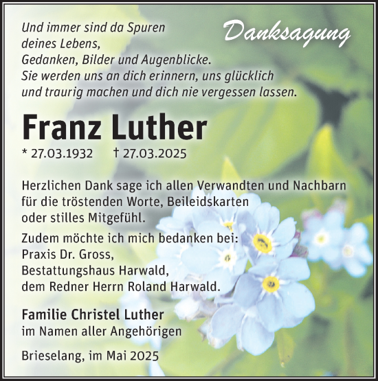 Traueranzeige von Franz Luther von Märkische Oderzeitung