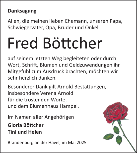Traueranzeige von Fred Böttcher von Märkische Oderzeitung