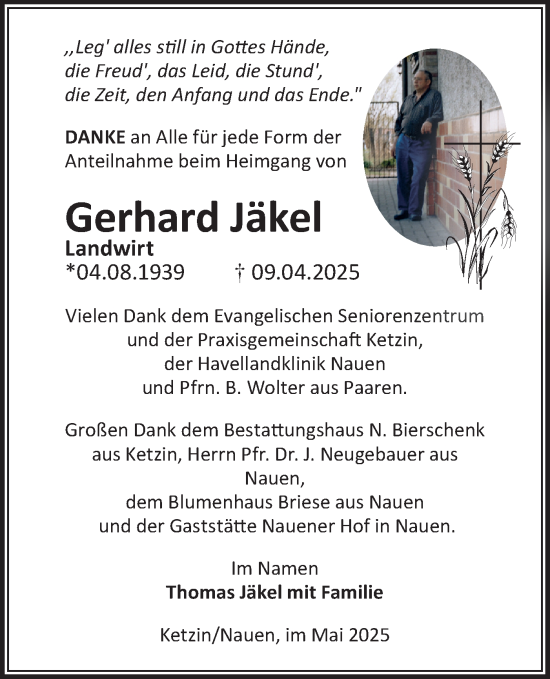 Traueranzeige von Gerhard Jäkel von Märkische Oderzeitung