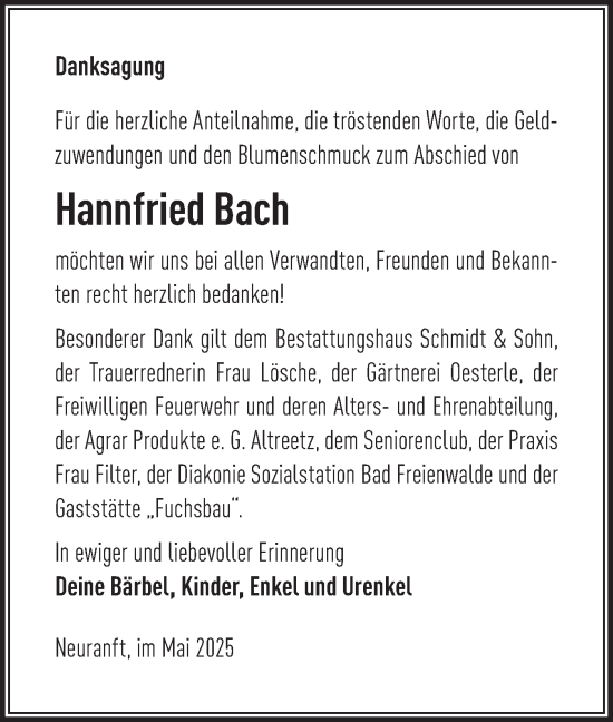 Traueranzeige von Hannfried Bach von Märkische Oderzeitung
