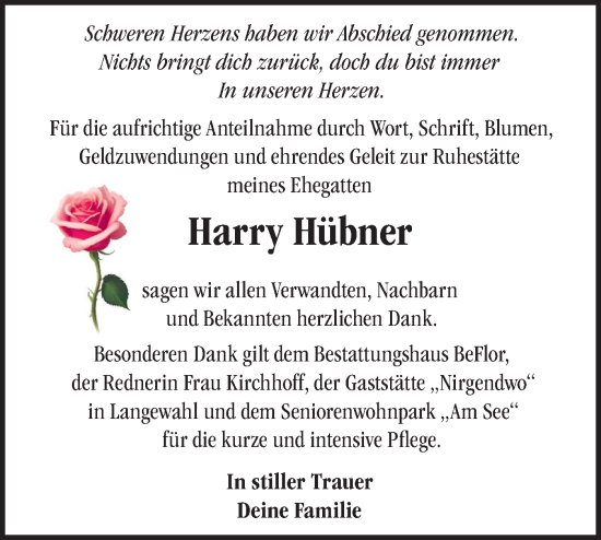 Traueranzeige von Harry Hübner von Märkische Oderzeitung