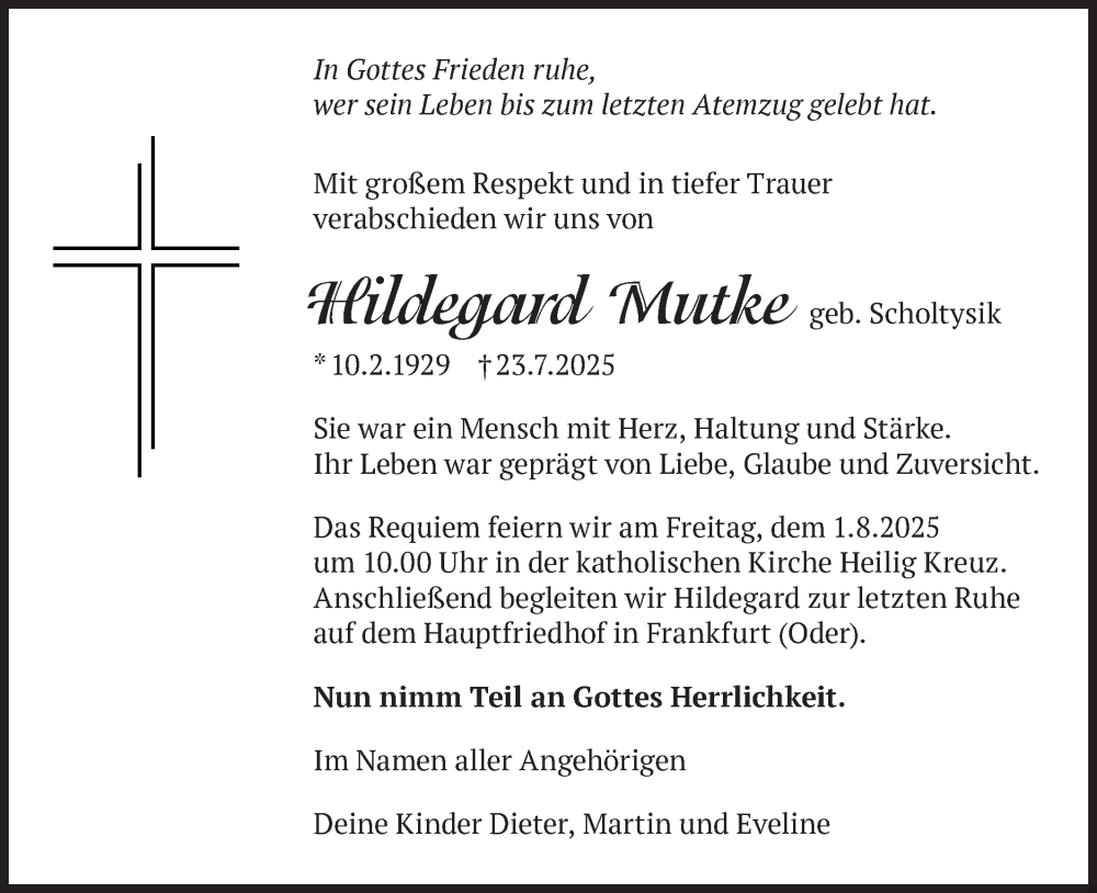 Traueranzeige für Hildegard Mutke vom 26.07.2025 aus Märkische Oderzeitung