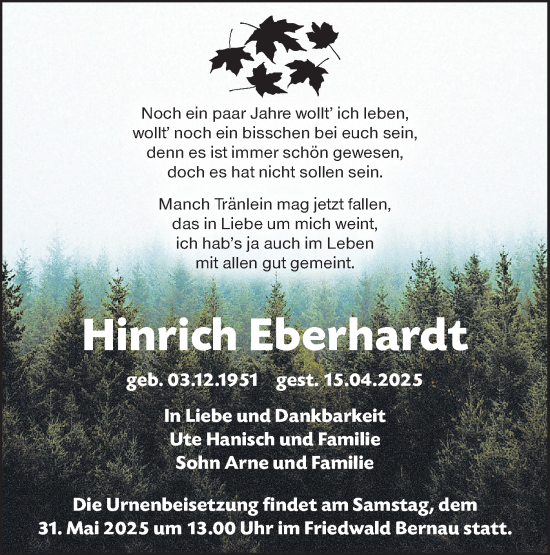 Traueranzeige von Hinrich Eberhardt von Märkische Oderzeitung