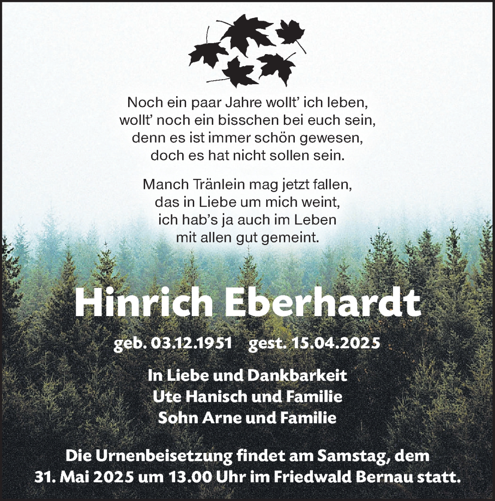  Traueranzeige für Hinrich Eberhardt vom 24.05.2025 aus Märkische Oderzeitung