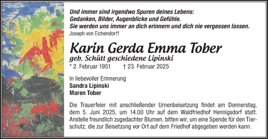 Traueranzeige von Karin Gerda Emma Tober von Märkische Oderzeitung