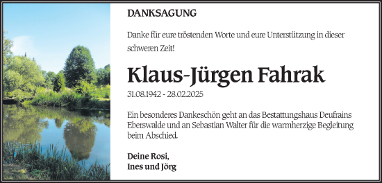 Traueranzeige von Klaus-Jürgen Fahrak von Märkische Oderzeitung