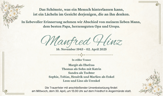 Traueranzeige von Manfred Hinz von Märkische Oderzeitung