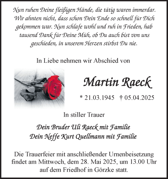 Traueranzeige von Martin Raeck von Märkische Oderzeitung