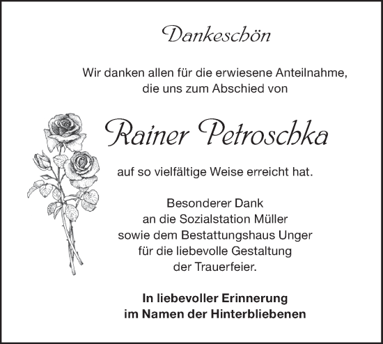 Traueranzeige von Rainer Petroschka von Märkische Oderzeitung