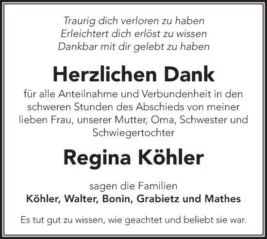 Traueranzeige von Regina Köhler von Märkische Oderzeitung