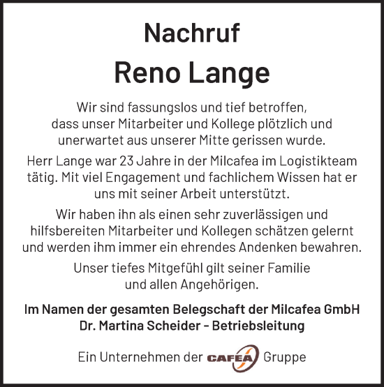 Traueranzeige von Reno Lange von Märkische Oderzeitung
