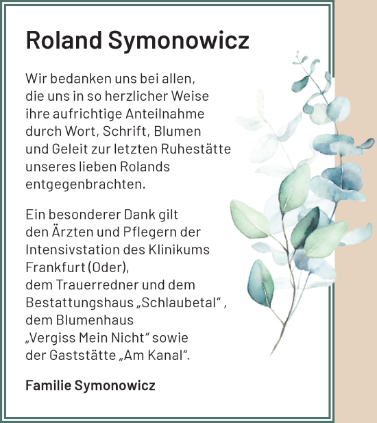 Traueranzeige von Roland Symonowicz von Märkische Oderzeitung