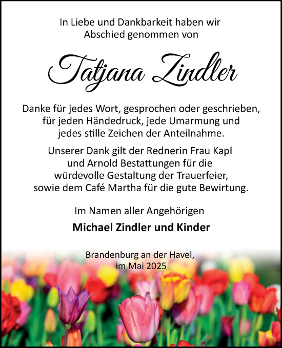 Traueranzeige von Tatjana Zindler von Märkische Oderzeitung