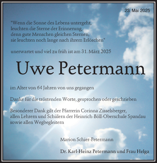 Traueranzeige von Uwe Petermann von Märkische Oderzeitung
