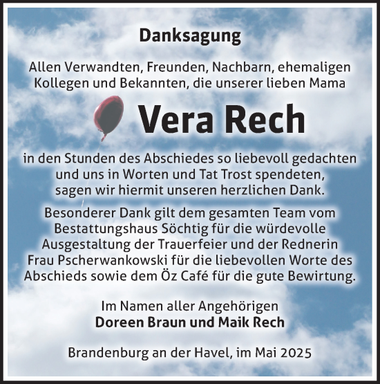 Traueranzeige von Vera Rech von Märkische Oderzeitung