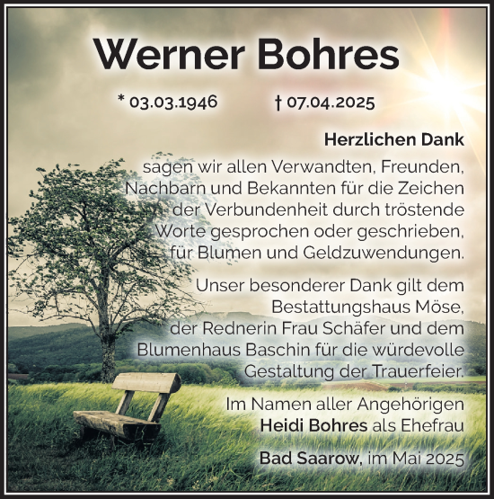 Traueranzeige von Werner Bohres von Märkische Oderzeitung