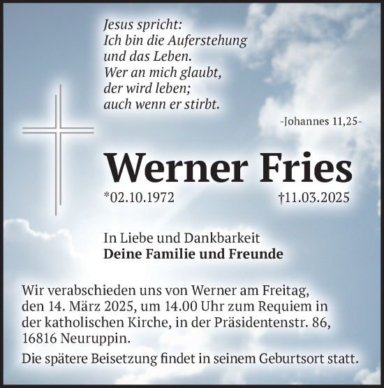 Traueranzeige von Werner Fries von Märkische Oderzeitung