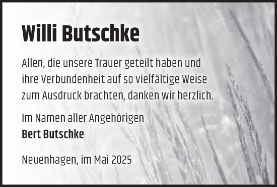Traueranzeige von Willi Butschke von Märkische Oderzeitung