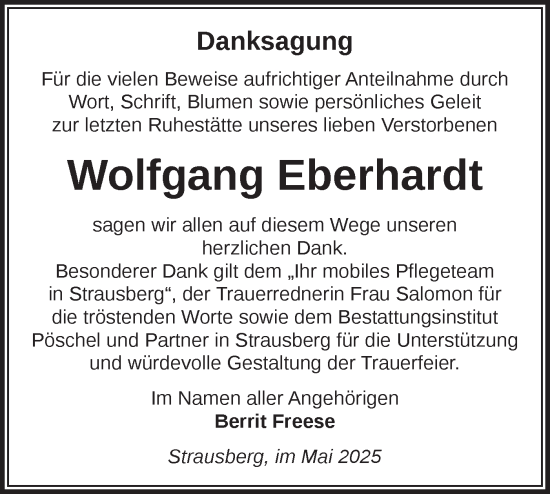 Traueranzeige von Wolfgang Eberhardt von Märkische Oderzeitung