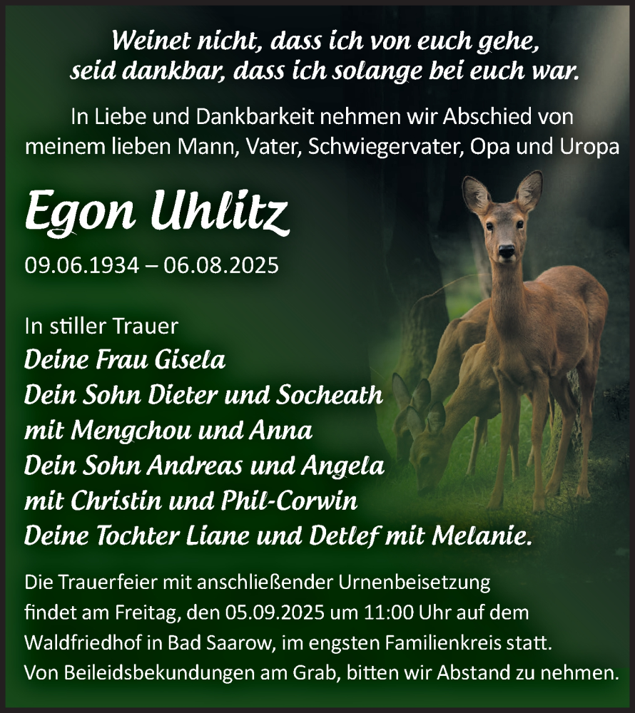  Traueranzeige für Egon Uhlitz vom 29.08.2025 aus Märkische Oderzeitung