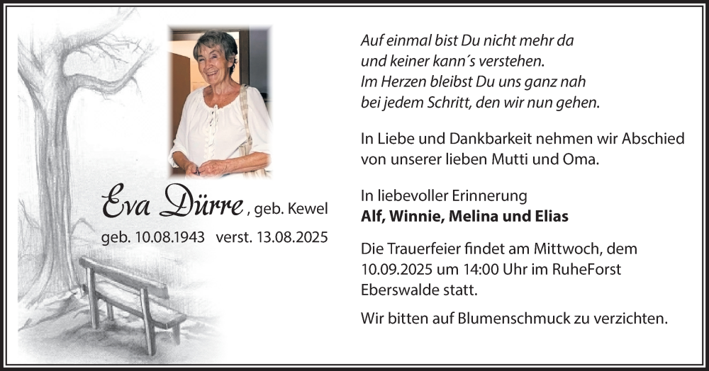  Traueranzeige für Eva Dürre vom 23.08.2025 aus Märkische Oderzeitung