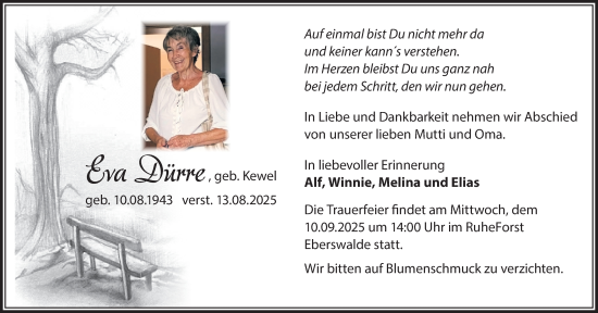 Traueranzeige von Eva Dürre von Märkische Oderzeitung