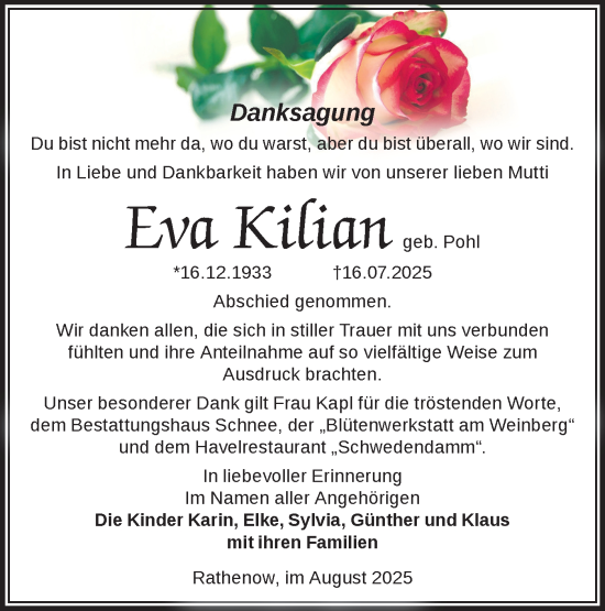 Traueranzeige von Eva Kilian von Märkische Oderzeitung