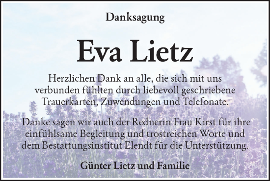 Traueranzeige von Eva Lietz von Blickpunkt Ludwigsfelde/Zossen