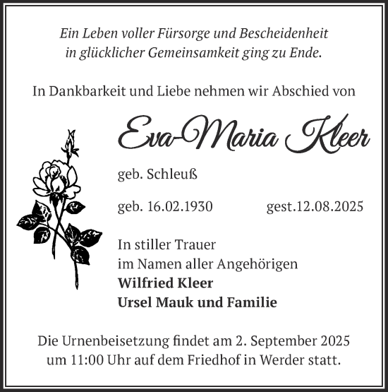 Traueranzeige von Eva-Maria Kleer von Märkische Oderzeitung