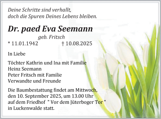 Traueranzeige von Eva Seemann von Blickpunkt Jüterbog/Luckenwalde