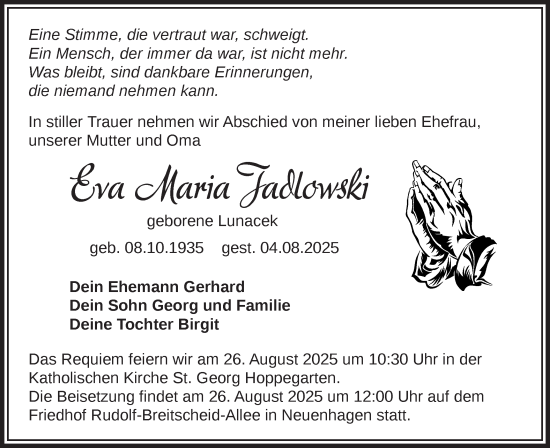 Traueranzeige von Eva Maria Jadlowski von Märkische Oderzeitung