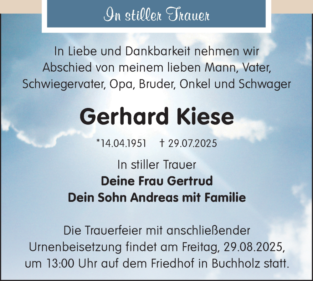  Traueranzeige für Gerhard Kiese vom 23.08.2025 aus Märkische Oderzeitung
