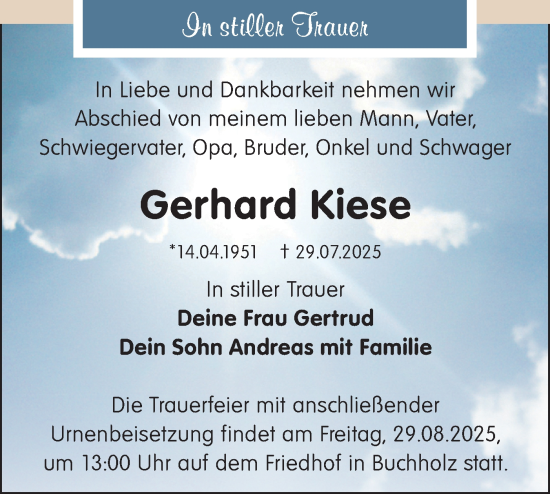 Traueranzeige von Gerhard Kiese von Märkische Oderzeitung