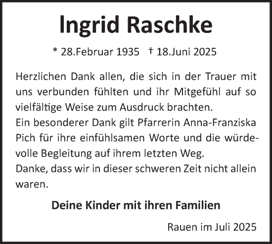 Traueranzeige von Ingrid Raschke von Märkische Oderzeitung