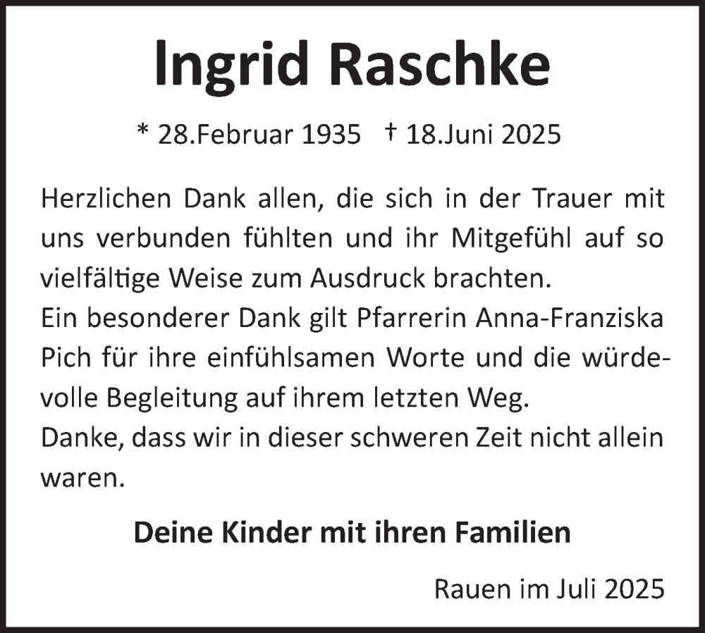  Traueranzeige für Ingrid Raschke vom 02.08.2025 aus Märkische Oderzeitung