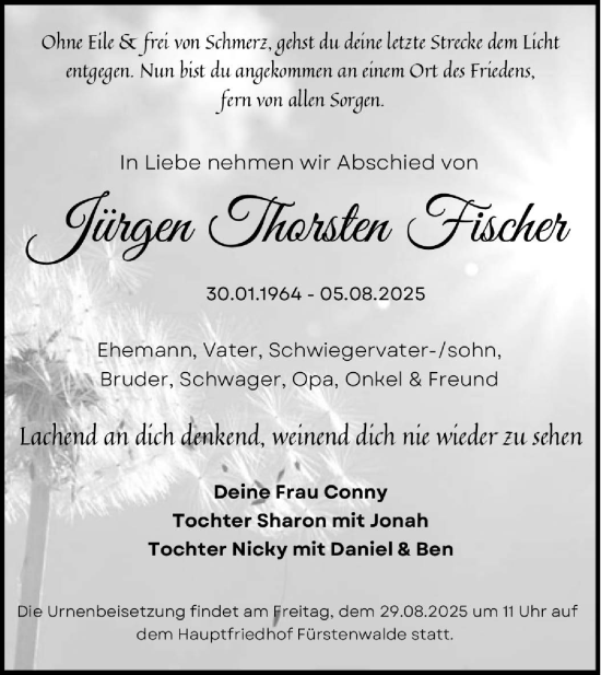 Traueranzeige von Jürgen Thorsten Fischer von Märkische Oderzeitung