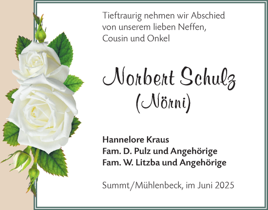 Traueranzeige von Norbert Schulz von Märkische Oderzeitung