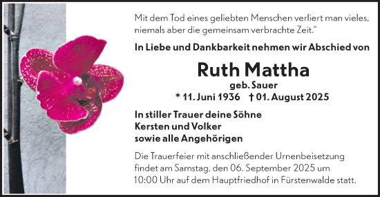 Traueranzeige von Ruth Mattha von Märkische Oderzeitung