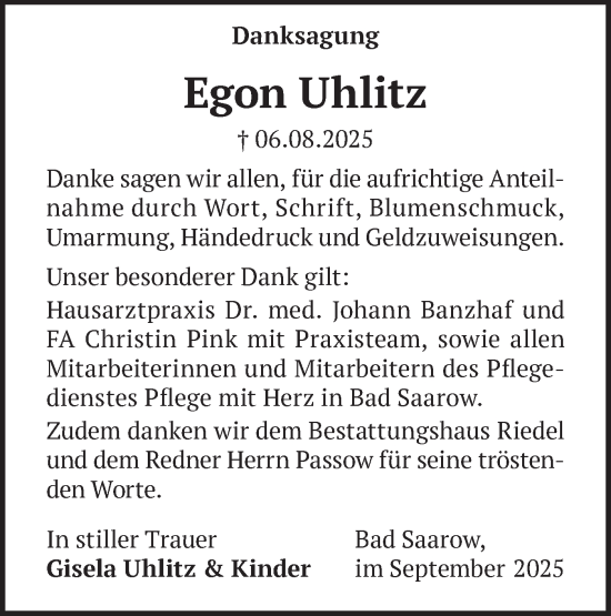 Traueranzeige von Egon Uhlitz von Märkische Oderzeitung