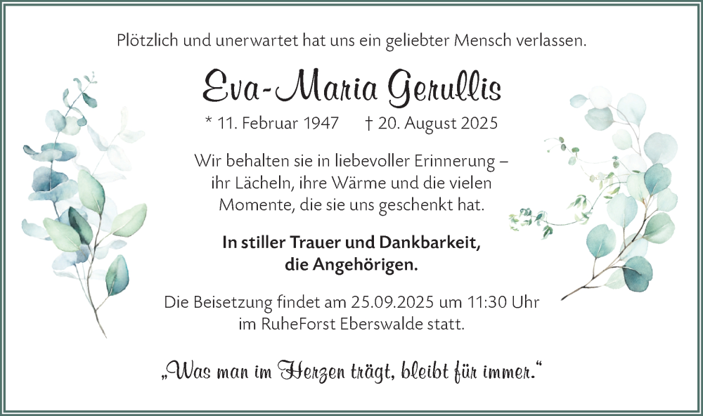  Traueranzeige für Eva-Maria Gerullis vom 20.09.2025 aus Märkische Oderzeitung
