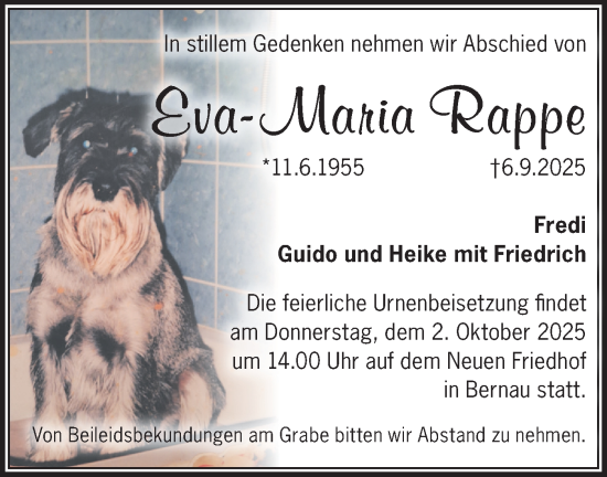 Traueranzeige von Eva-Maria Rappe von Märkische Oderzeitung