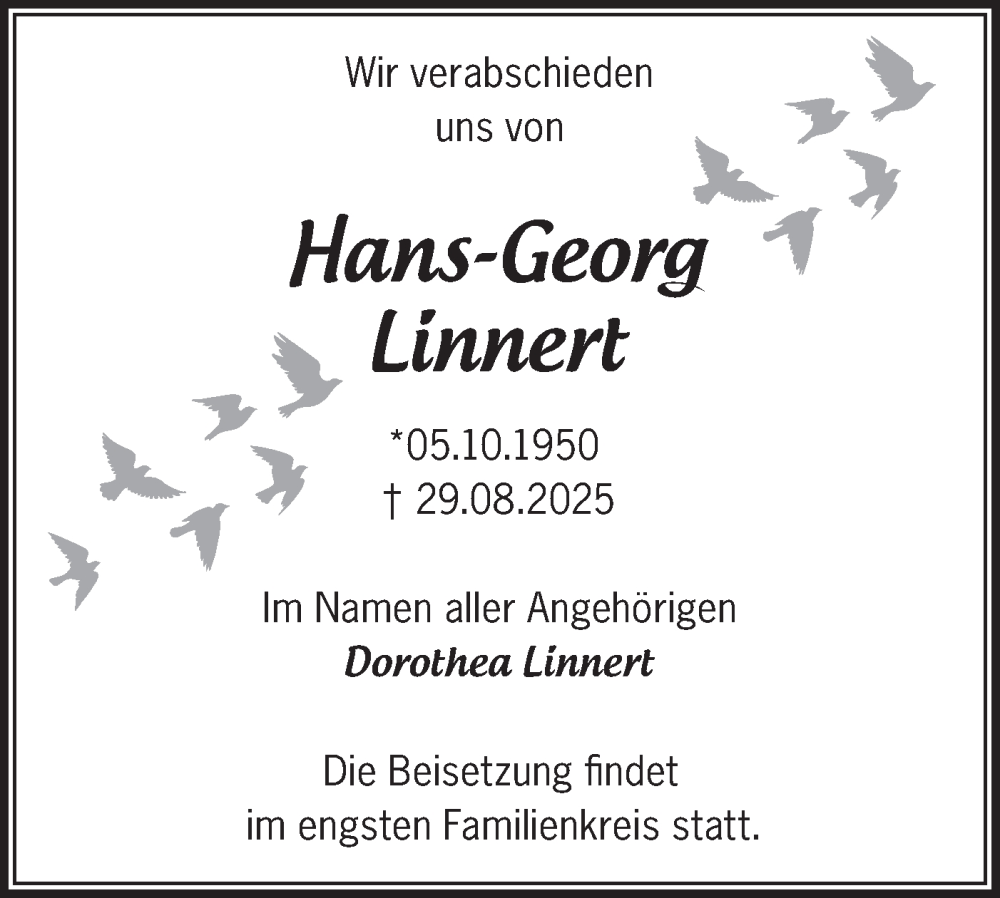  Traueranzeige für Hans-Georg Linnert vom 06.09.2025 aus Märkische Oderzeitung