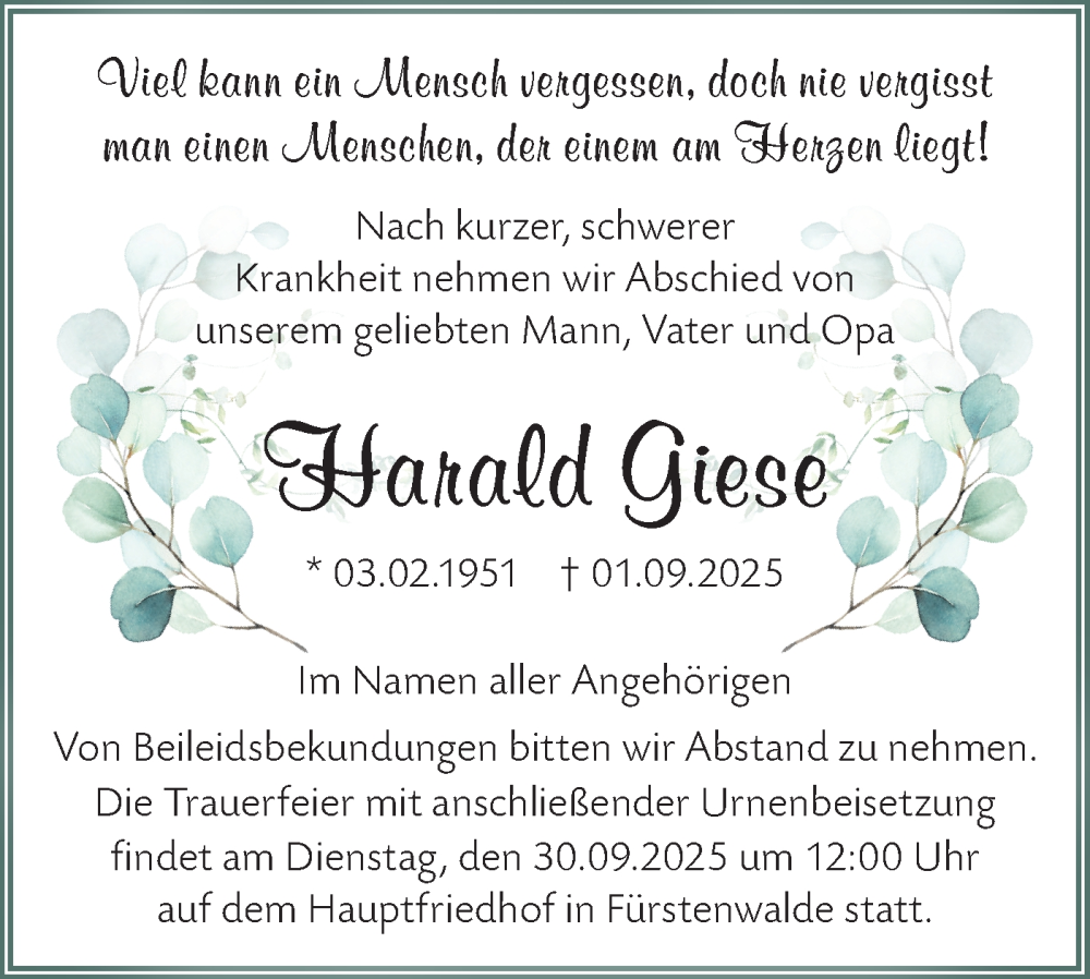  Traueranzeige für Harald Giese vom 20.09.2025 aus Märkische Oderzeitung