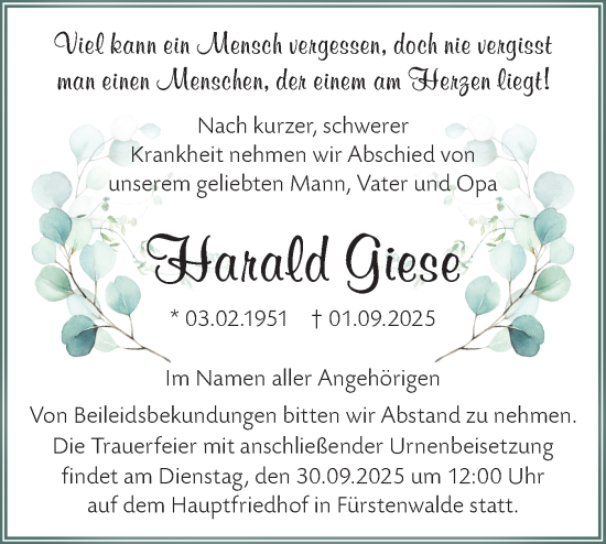 Traueranzeige von Harald Giese von Märkische Oderzeitung